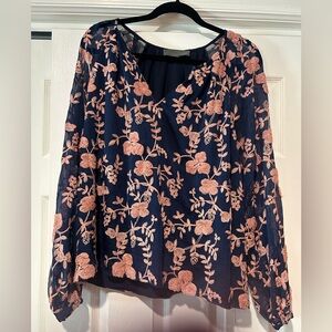 Sunday in Brooklyn Navy Blouse with Blush Pink Floral Embroidery